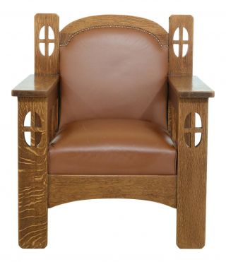F50948ec: Vintage Mission Oak Craftsmen Arts & Crafts Leather Throne Chair