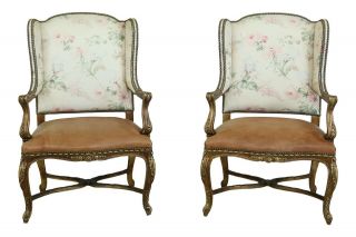34482ec: Pair Ralph Lauren Leather & Upholstered French Wing Chairs