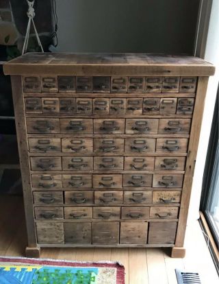 Antique Vintage Apothecary Cabinet Primitive Wood Hardware 55 Drawer Storage