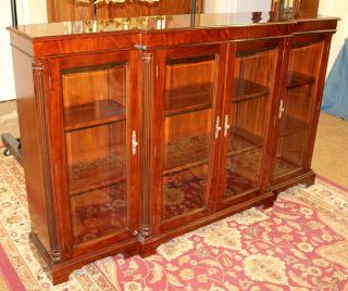 Gorgeous Flame Mahogany Four Door Bookcase Cabinet With Beveled Glass Doors