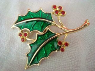 Vintage Beatrix Signed Green Enamel W Red Rhinestone Holly Christmas Brooch Pin