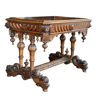 Antique Renaissance Revival Victorian Carved Quartersawn Oak Desk Library Table