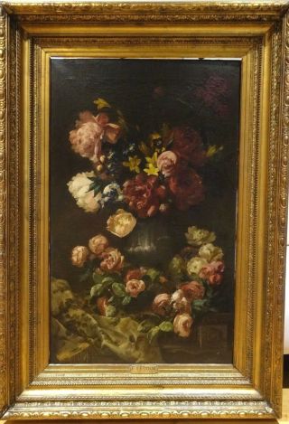 Fine Large 19th Century French Master Still Life Flowers By F Ledoux 1874