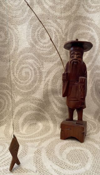 Vintage Chinese Hand - Carved Wood Fisherman,  Fishing Pole - 10.  5 "