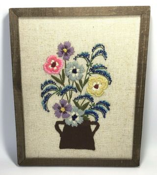 Vintage Crewel Embroidery Stitchery Finished Completed Framed Flowers Flower Pot
