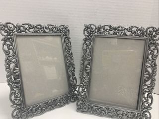 Pewter Picture Frames Holds 5”x7” Photo Metal Scroll Pattern Set Of 2 Easel Back