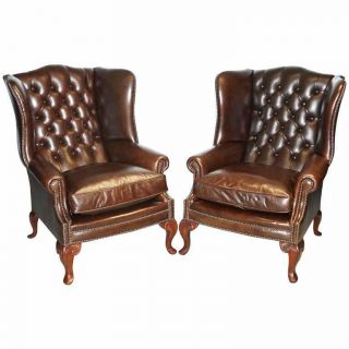 Rrp £5000 Brights Of Nettlebed Chesterfield Brown Leather Wing Armchairs