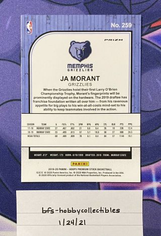 JA Morant 2019 - 20 NBA Hoops Premium Stock Silver Holo Prizm Rookie Card 259 3