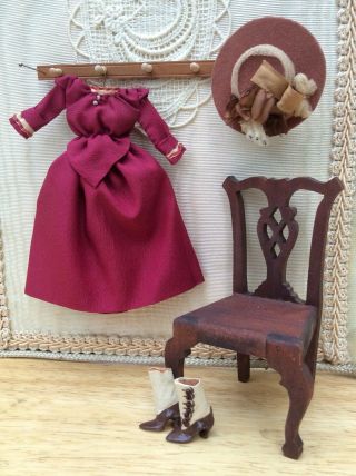 Vintage Artisan Miniature Dollhouse Doll Victorian Dress Hat Boots Peg Rack Prop
