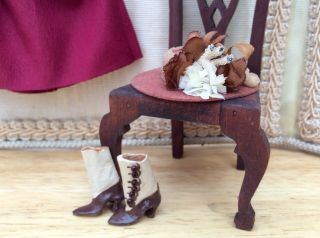 Vintage Artisan Miniature Dollhouse Doll Victorian Dress Hat Boots Peg Rack Prop 2
