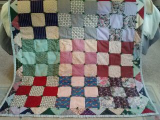 Vintage Hand Made Geometric 9 Patch Patchwork Cotton Quilt - 50x62 - Pretty