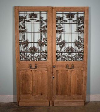 Antique French Art Nouveau 83 " Tall Solid Oak Doors With Iron Grilles