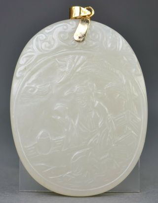 Fine Antique Chinese Carved Jade 14k Gold Necklace Pendant Plaque With Poem