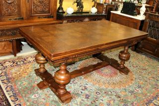 French Antique Oak Renaissance Drew Leaf Large Dining Table