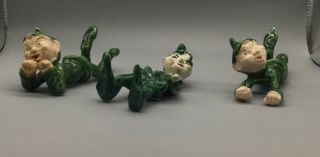 3 Vintage Ceramic Green Pixie Elfs (m189)
