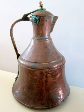 Huge Vintage Hand Made Solid Copper Water Pitcher With Lid Brass Handle 17 "