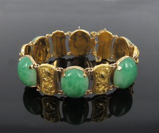 Antique Natural Jadeite Jade & 18k Yellow Gold Animal Theme Wide Bracelet