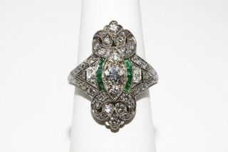 $7,  000 1.  24ct Antique Art Deco Natural Emerald & Diamond Dinner Platinum Ring