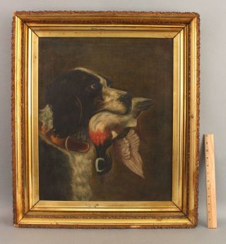 19thc Antique English Springer Spaniel Hunting Bird Dog & Wood Duck Oil Painting