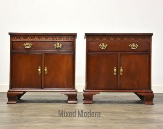 Baker Mahogany Chippendale Style Traditional Nightstands - A Pair