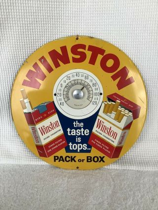 Vintage 1950s Round Metal Winston Cigarettes Advertising Thermometer