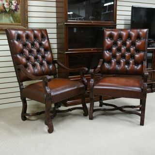 Mahogany Louis Xiii Heavily Carved Arm Chairs With Brown Leather