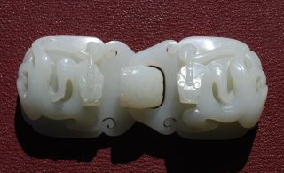 Large Finely Carved Chinese Celadon White Jade Belt Buckle