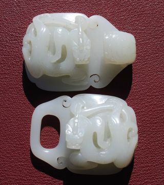 Large finely carved Chinese celadon white jade belt buckle 2