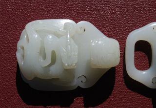 Large finely carved Chinese celadon white jade belt buckle 5