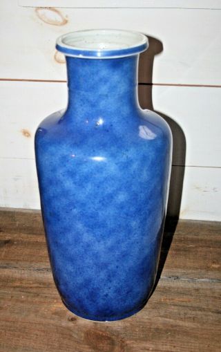 Tall Antique Chinese Powder Blue Porcelain Rouleau Vase Asian Glazed Pottery