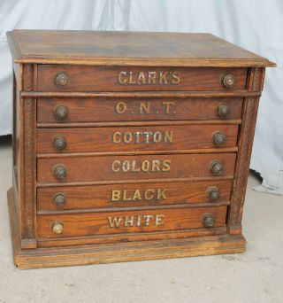 Antique Clark’s Ont Advertising Six Drawer Oak Spool Cabinet Country Store Displ