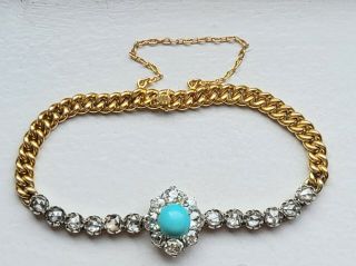 Antique 18k Gold 8ctw Rose Cut Diamond Turquoise Bracelet 7 " 14.  5gr