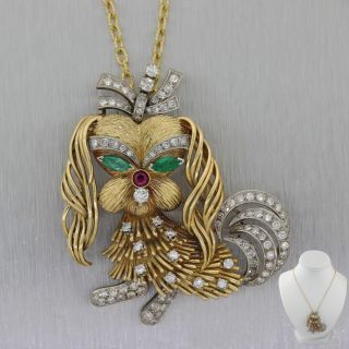 Vintage Estate 18k Yellow Gold 2.  50ct Diamond Ruby Emerald Shih Tzu 18 " Necklace