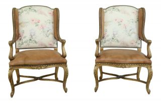 32483ec: Pair Ralph Lauren French Louis Xv Style Wing Chairs