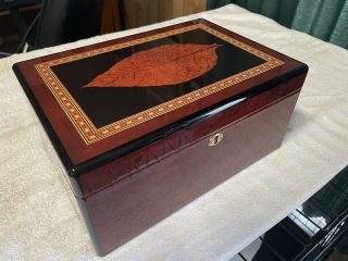 Cigar Humidor High Lacquer Rosewood Finish Tobacco Leaf Inlay Lid & Tray/150ct