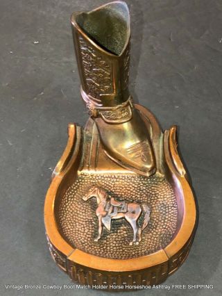 Vintage Bronze Cowboy Boot Match Holder Horse Horseshoe Ashtray