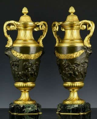 Fine Quality Pair French F Barbedienne Gold Gilt Bronze Marble Cherub Urn Vases
