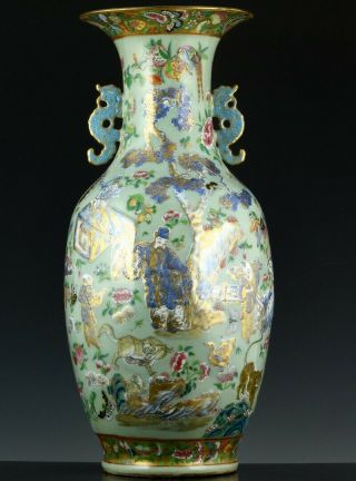 Large C1800 Chinese Famille Rose Blue White Celadon Scenic Vase Jiaqing Period
