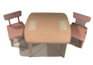 Antique “1956 " Strombecker Vogue Ginny Pink Table And Chairs Dollhouse Furniture