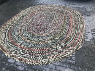 Antique Vintage American Hand Made Braided Rug Large Oval 12.  2 X 9.  8