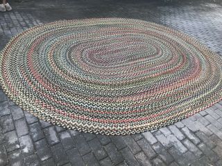Antique Vintage American Hand Made Braided Rug Large Oval 12.  2 X 9.  8 4