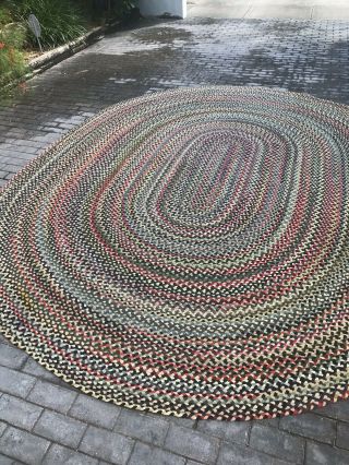 Antique Vintage American Hand Made Braided Rug Large Oval 12.  2 X 9.  8 6
