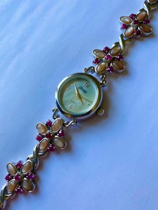 Fabulous Solid Silver Ladies Bracelet Watch Ruby Crystals Gems English Hallmarks