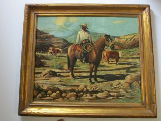 Large Fine Western Cowboy Painting Antique Farm Early California? Landscape