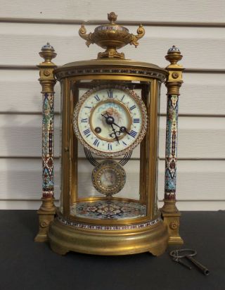 French Gilt Bronze Champlevé Crystal Regulator Mantel Clock VINCENTI & CIE 1890s 2