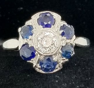Platinum Vintage 1.  38ct Natural Old Mine Cut Diamond Sapphire Ring Si1 - H