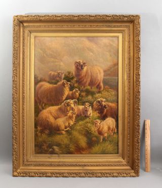 Large 19thc Antique Robert Watson Scottish Highland Sheep Landscape Oil Painting