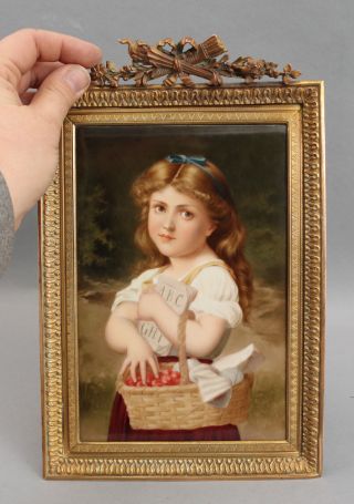 Antique Kpm Porcelain Plaque Portrait Painting School Girl Gilt Bronze Frame