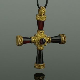Ancient Byzantine Gold & Garnet Cross Circa - 9th Century Ad (311)