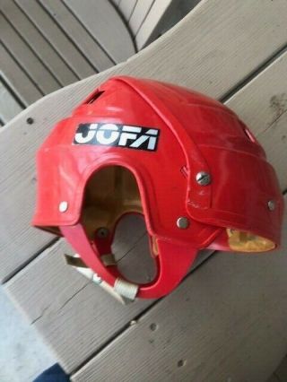 1970s Vintage Red JOFA Hockey Helmet with Swedish stickers 2